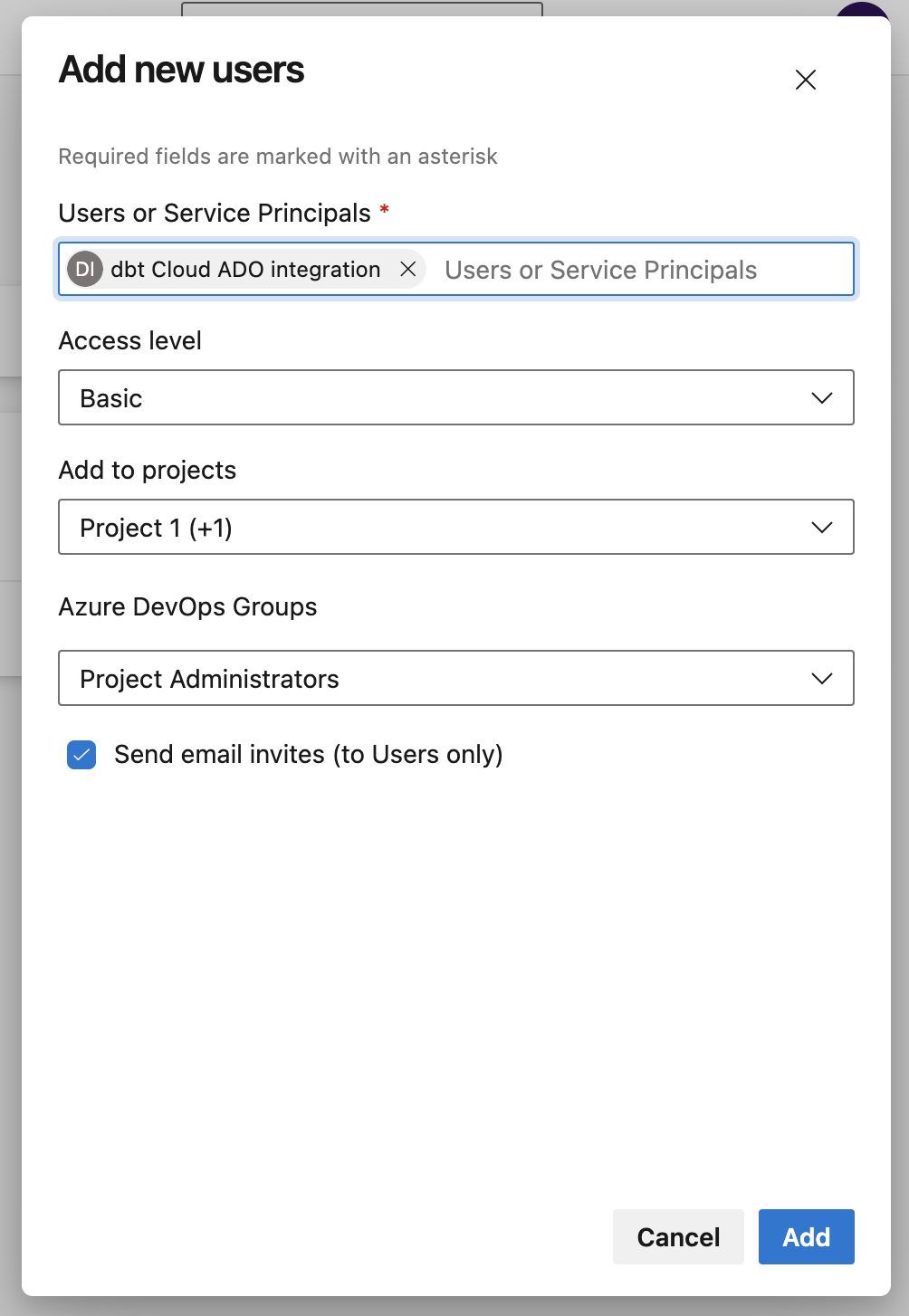 Example setup with the service principal added as a user.